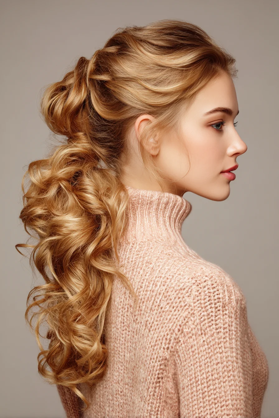 Voluminous Curly High Ponytail with Face-Framing Waves