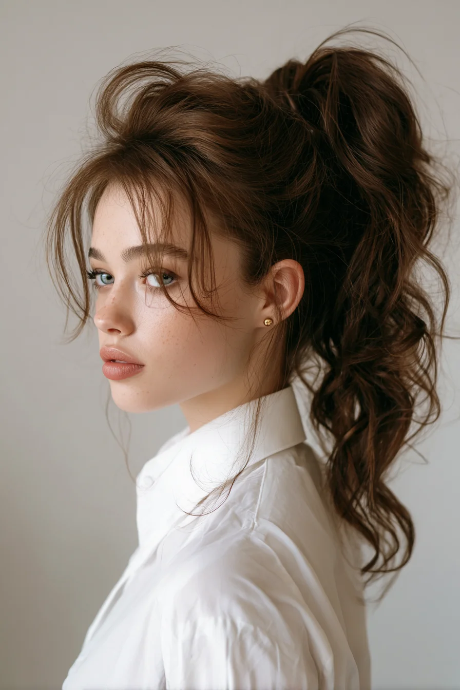 Voluminous Textured High Ponytail with Curtain Bangs