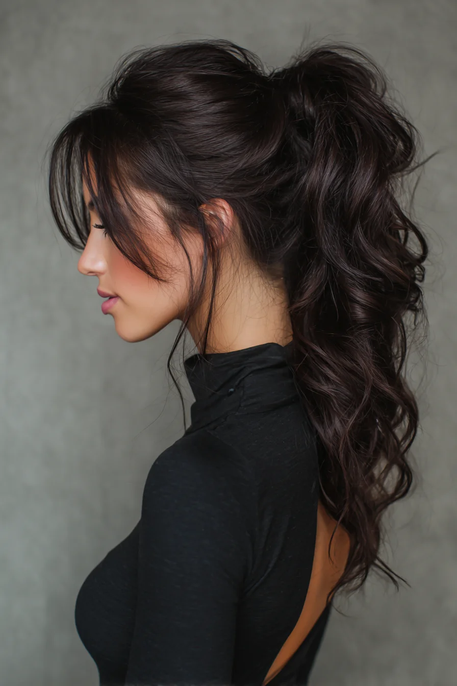 Voluminous Textured High Ponytail with Face-Framing Layers
