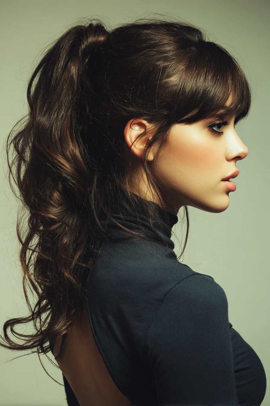 Voluminous Textured High Ponytail with Soft Curtain Bangs