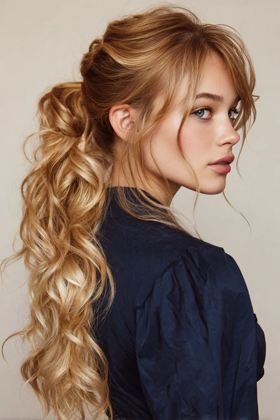 Voluminous Textured Ponytail for Long Layered Hair
