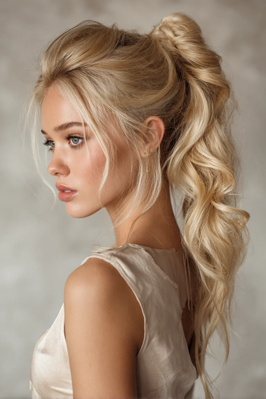 Voluminous Tousled High Ponytail with Soft Face‑Framing Layers