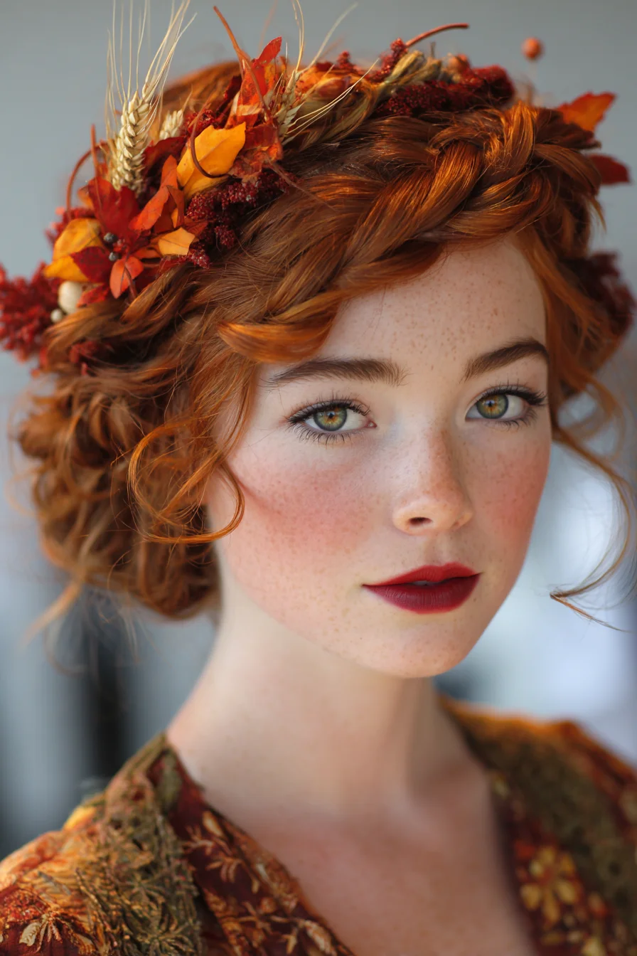 Autumn-Inspired Braided Updo with Floral Crown for Red Curly Hair