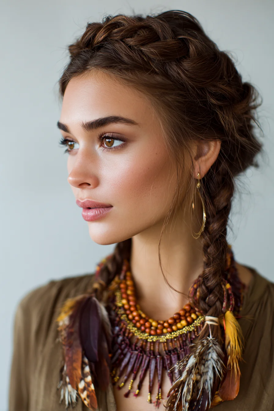 Boho Crown and Double Dutch Braids with Feather Accents