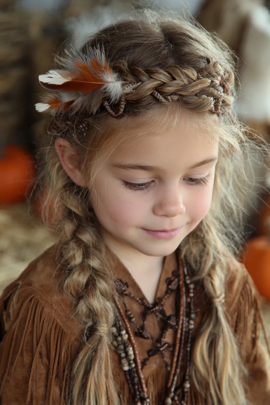 Boho Crown Braid with Low Braided Pigtails and Feather Accents