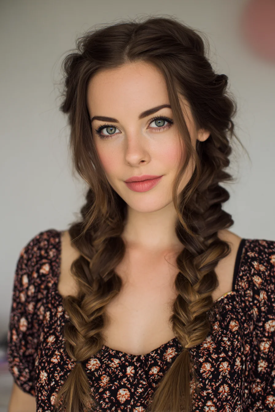 Boho Double Fishtail Braids with Loose Face‑Framing Tendrils