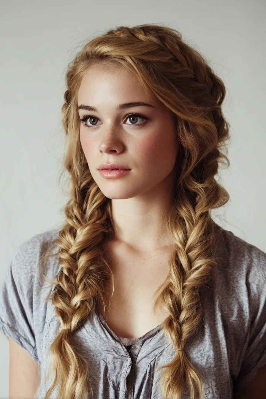 Boho Double Fishtail Braids with Soft Face‑Framing Pieces
