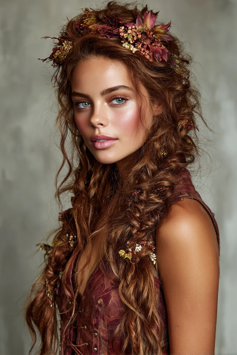 Boho Loose Waves with Fishtail Braids and Floral Crown
