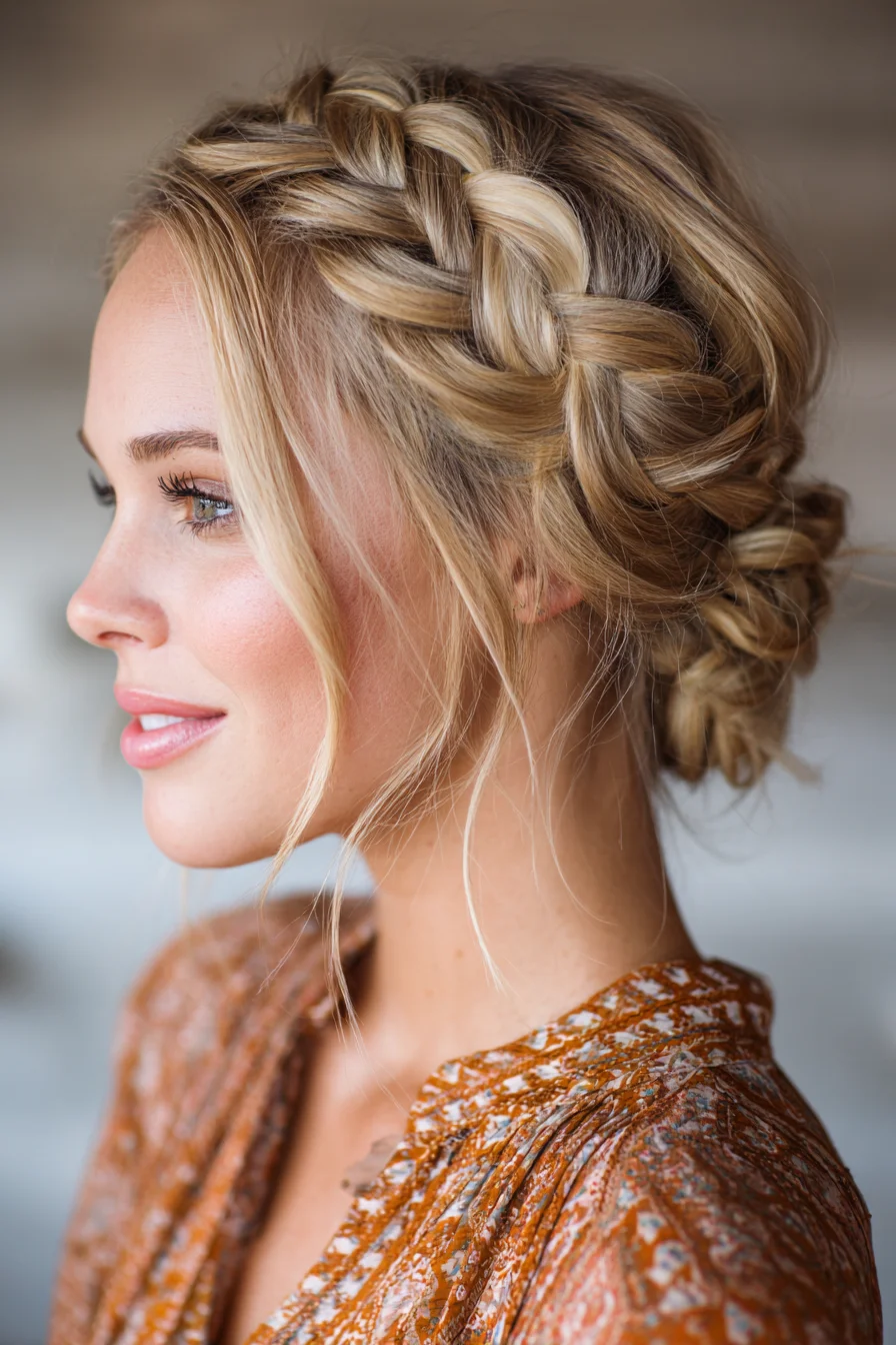 Braided Crown to Low Bun — Dutch/French Braid Updo with Face‑Framing Tendrils