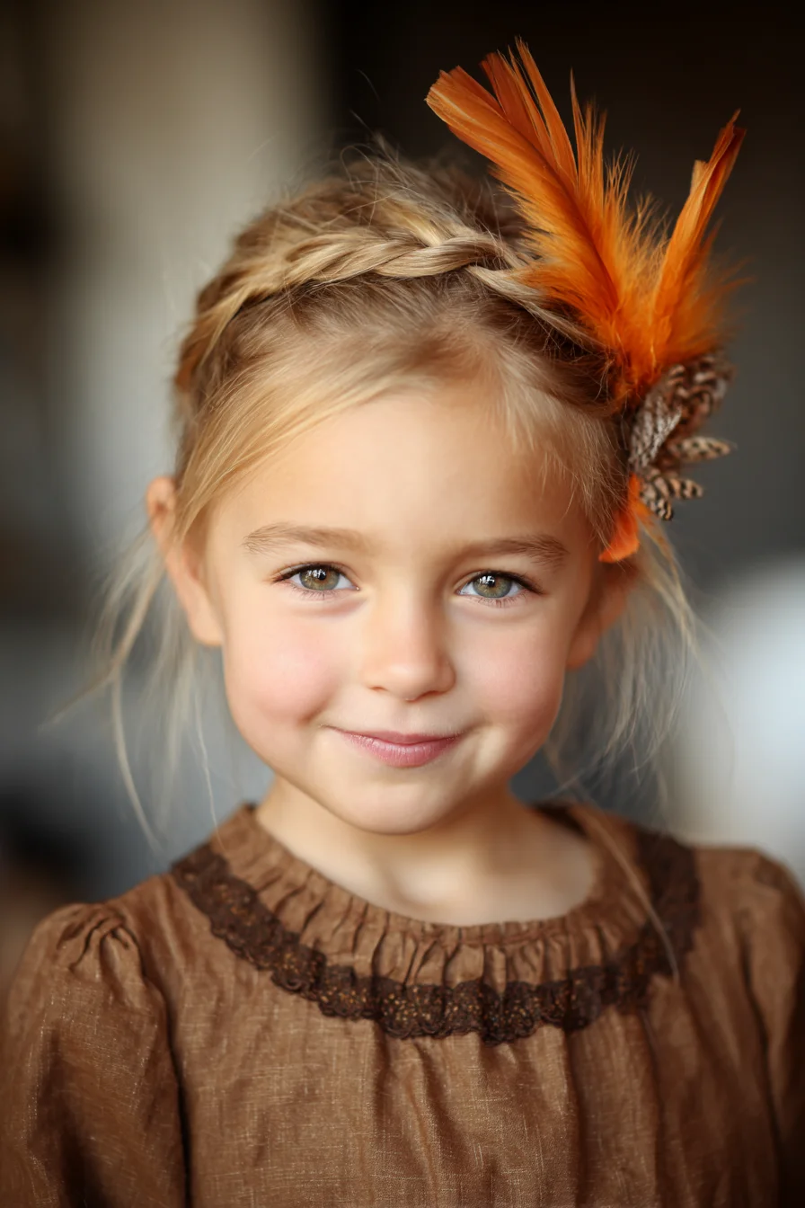 Braided Crown Updo with Feather Accent — Kids Boho Hairstyle