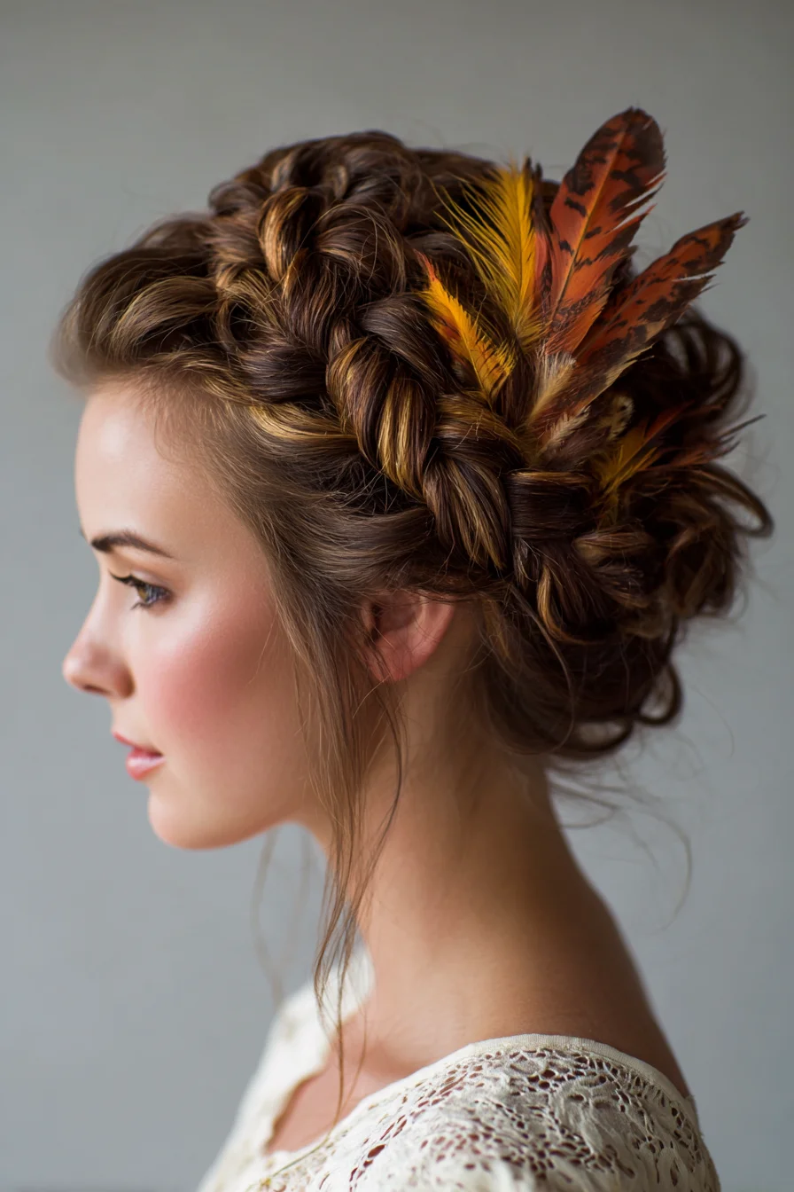 Braided Crown Updo with Feather Accents — Boho Wedding/Bridal Hairstyle