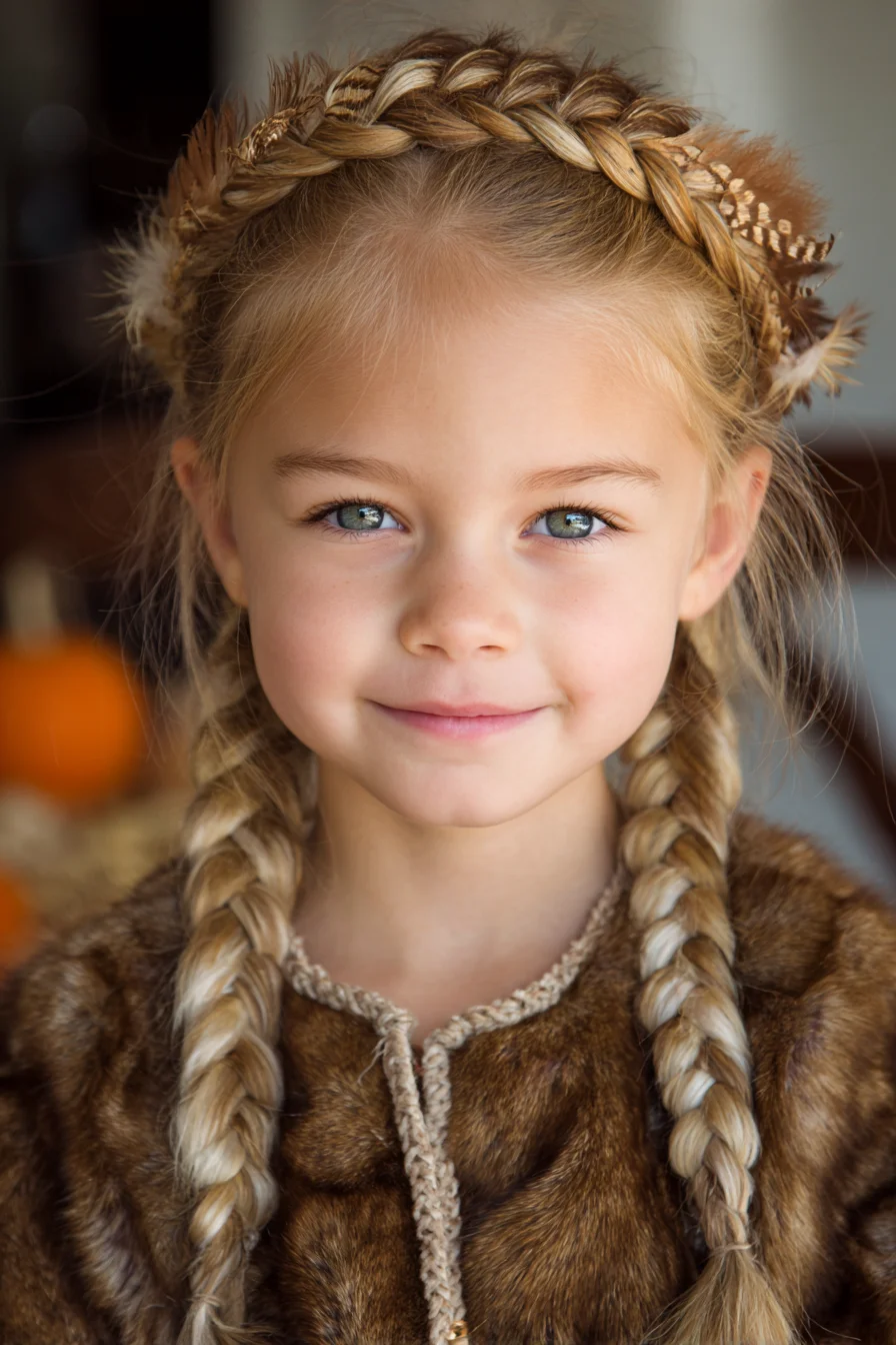 Braided Crown with Double Dutch Braids and Feather Accents