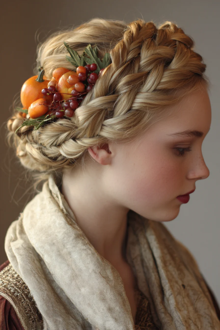Braided Halo Updo — Crown Braid with Low Bun and Floral Accent