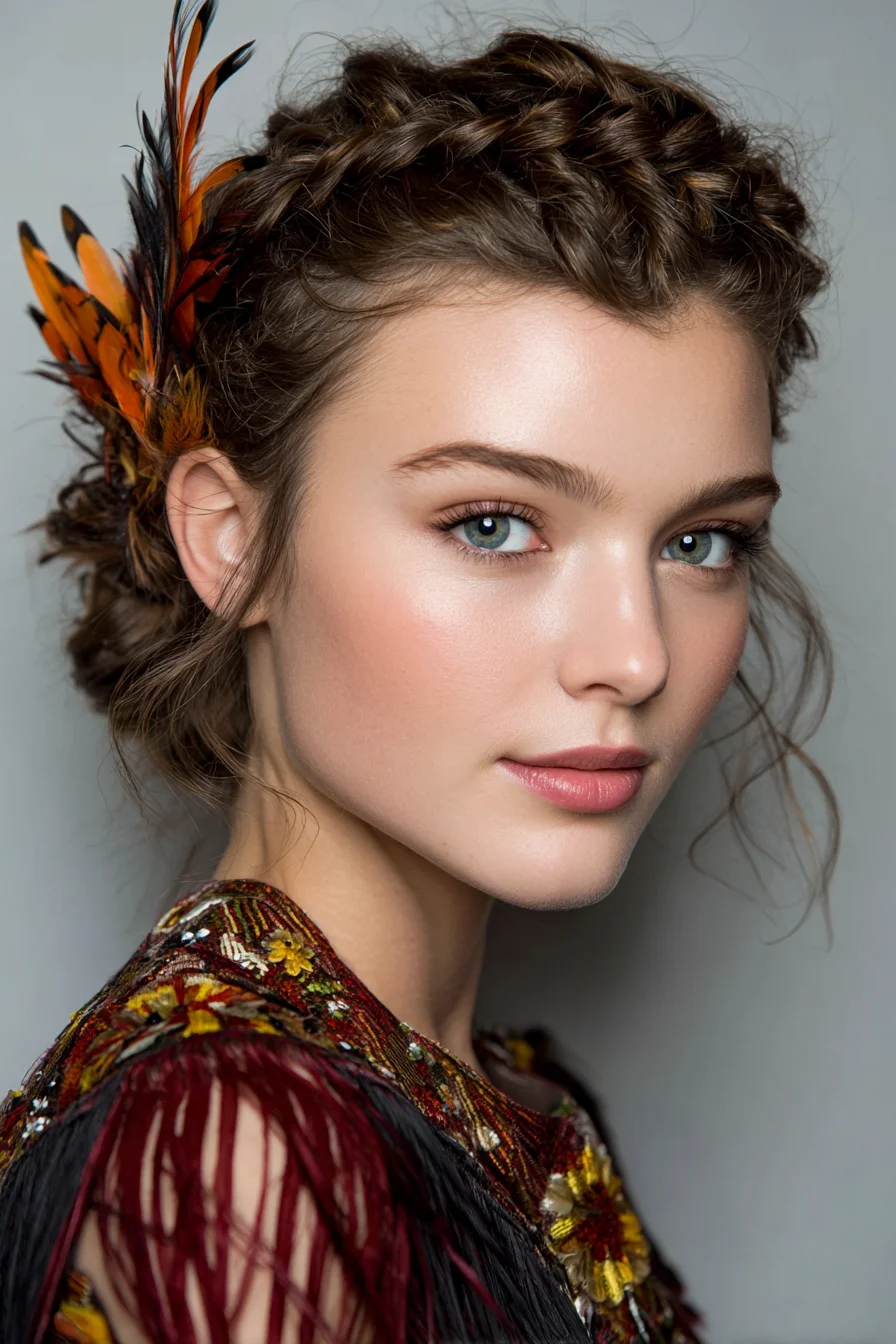 Crown Braid into Textured Low Bun with Feather Accent