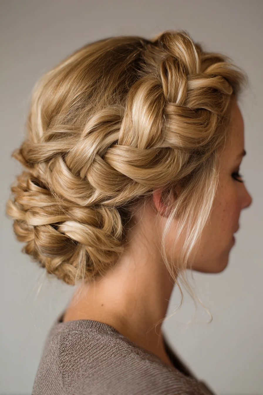 Crown Dutch Braid into Low Braided Chignon — Textured Updo for Medium to Long Hair