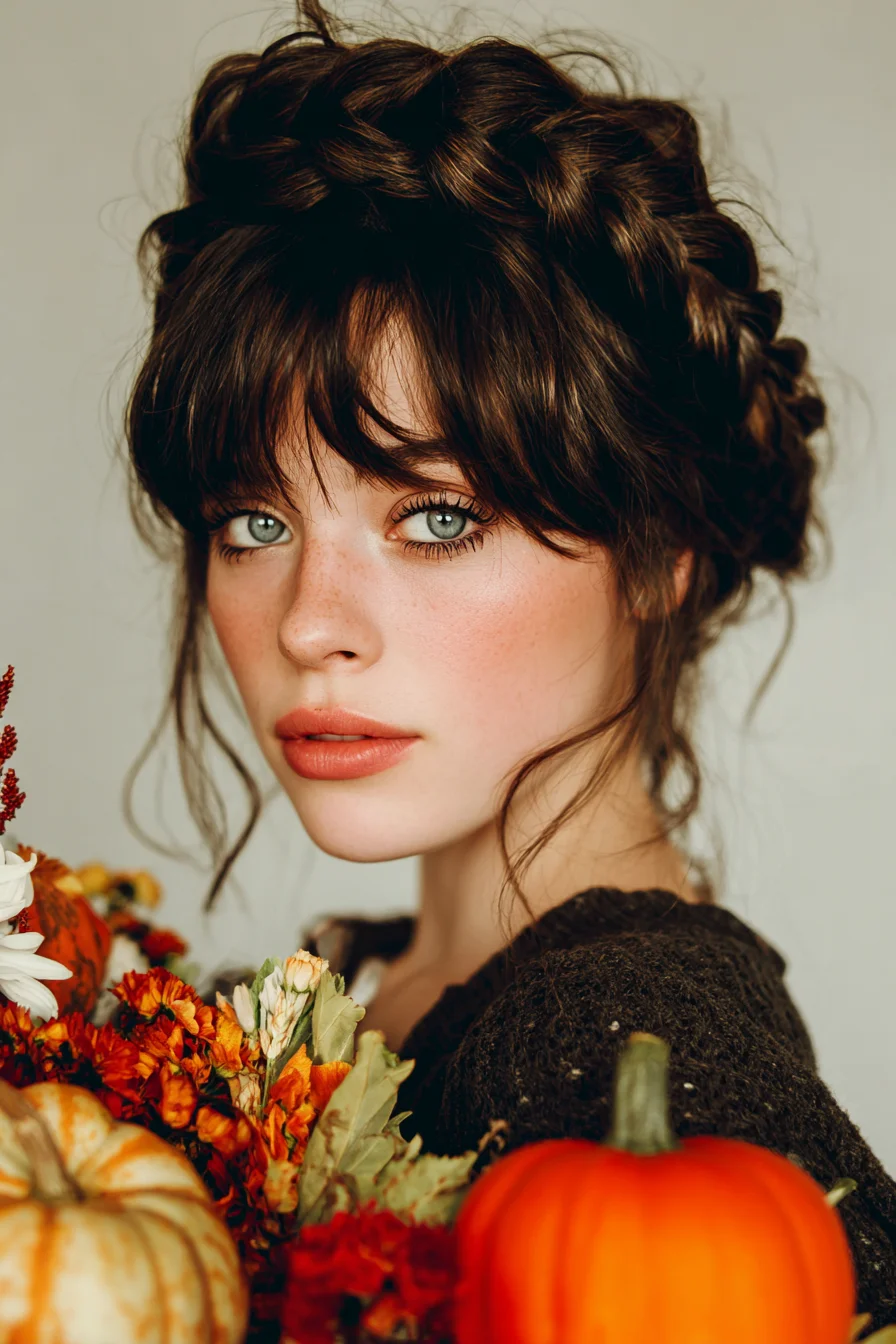 Crown Dutch Braid Updo with Soft Face‑Framing Bangs