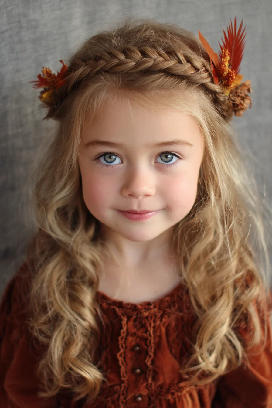 Crown Dutch Braid with Loose Boho Waves and Floral Accent