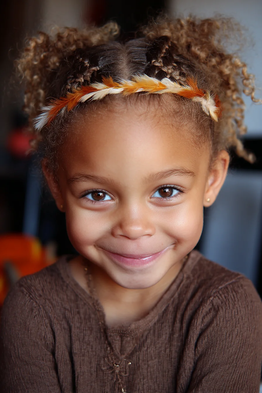 Curly Cornrow Crown with Puffy Side Buns and Feather Halo
