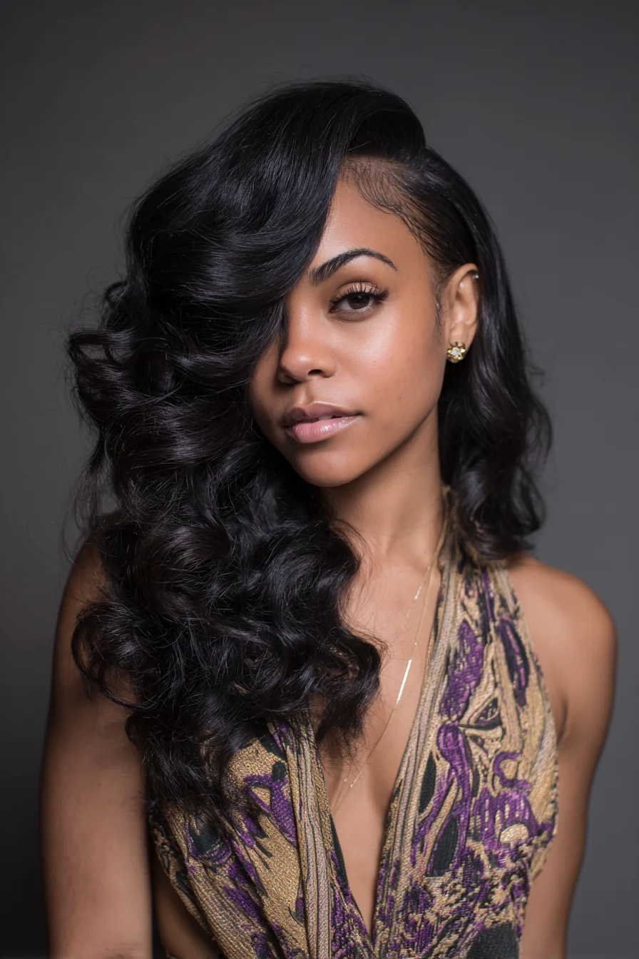 Deep Side-Part Voluminous Hollywood Waves for Long Natural Hair