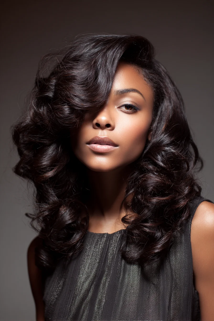 Deep Side-Part Voluminous Hollywood Waves for Thick, Shoulder-Length Hair