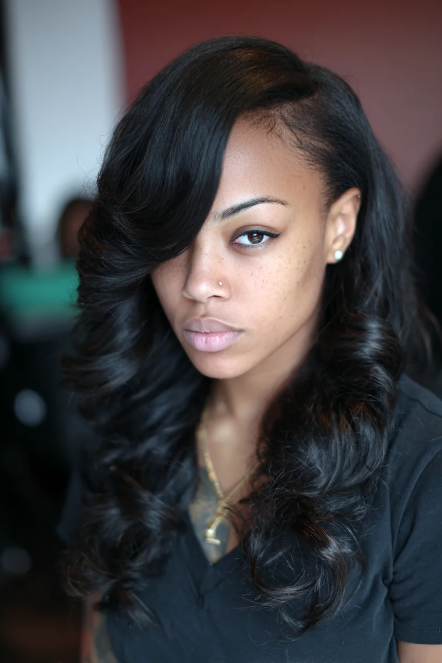 Deep Side Part with Sleek Blowout and Voluminous Barrel Curls