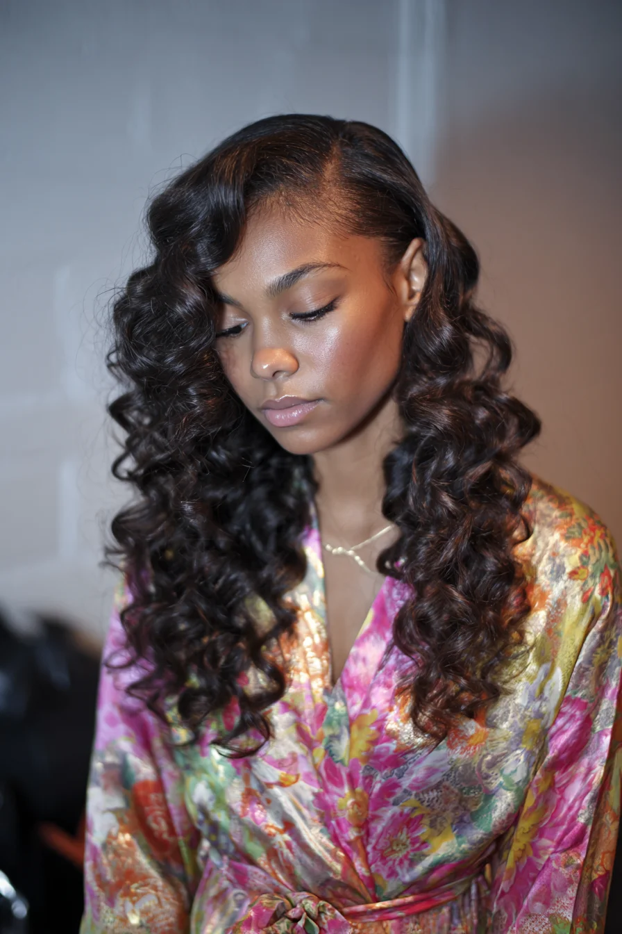 Deep Vintage Curls with Side Part for Long Natural Hair