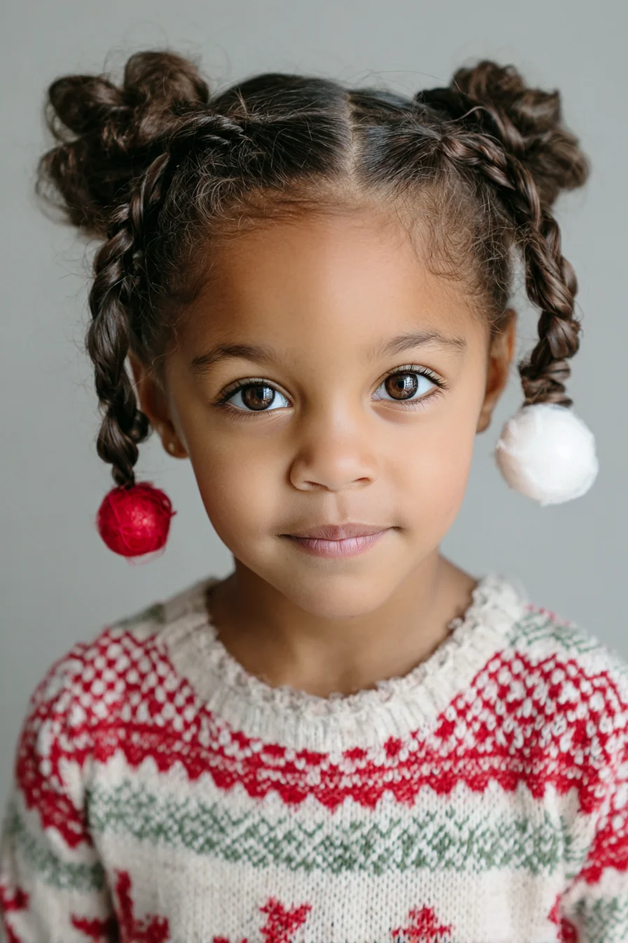 Double Braided Space Buns with Pom-Pom Ends — Kids Protective Style