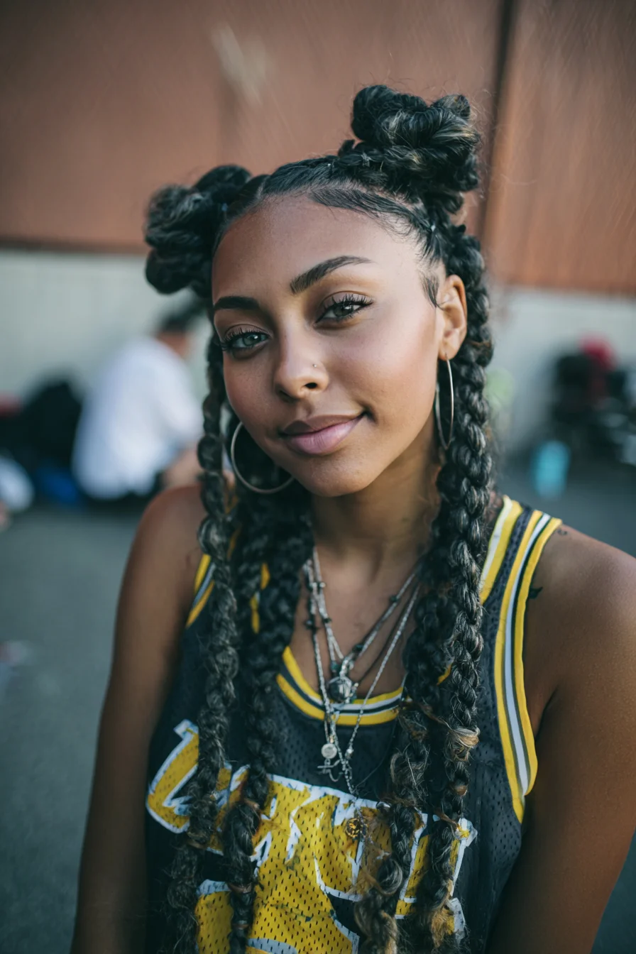 Double Cornrow Buns with Long Feed‑In Braids