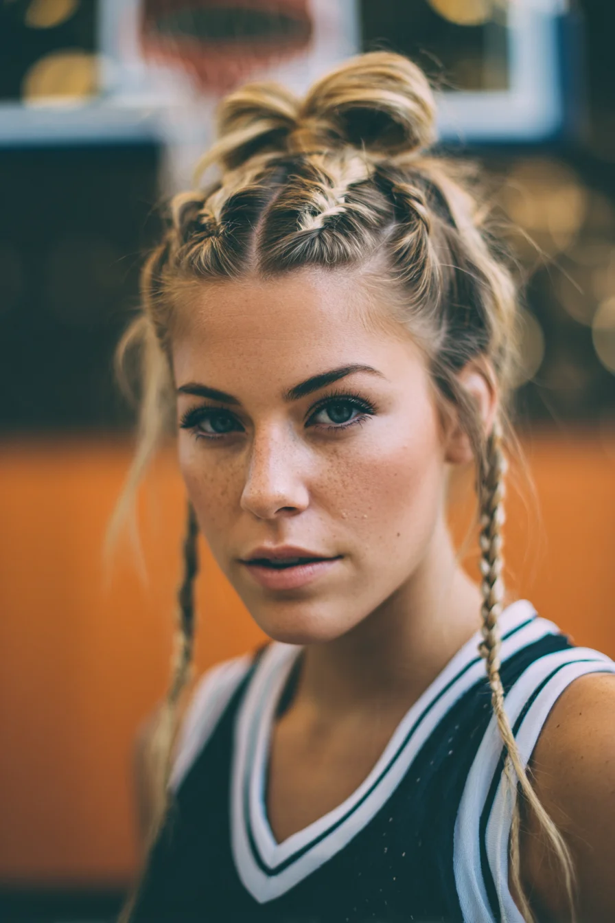 Double Dutch Braids into Messy High Knot with Face‑Framing Braids