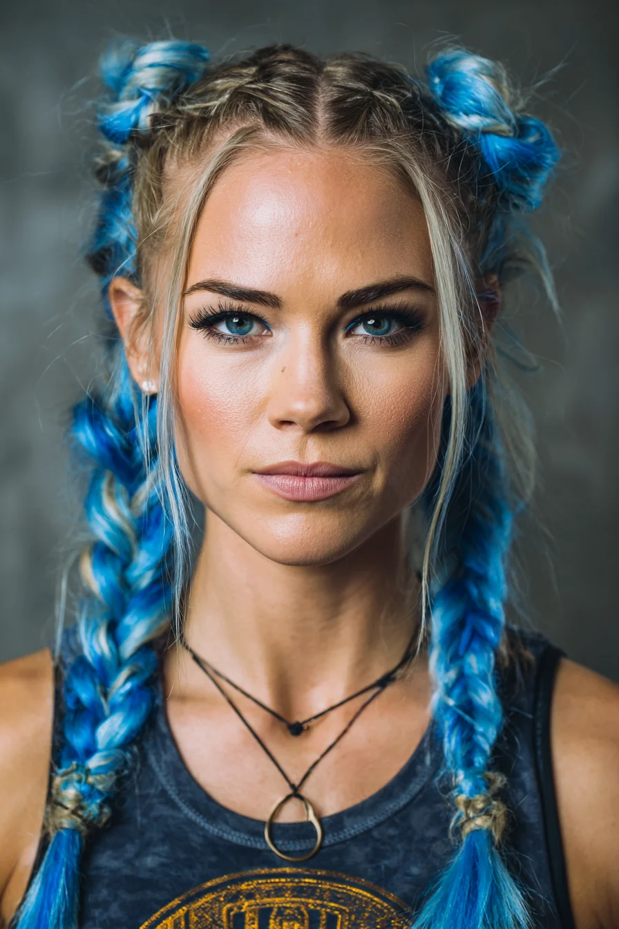 Double Dutch Braids into Space Buns with Vivid Blue Extensions