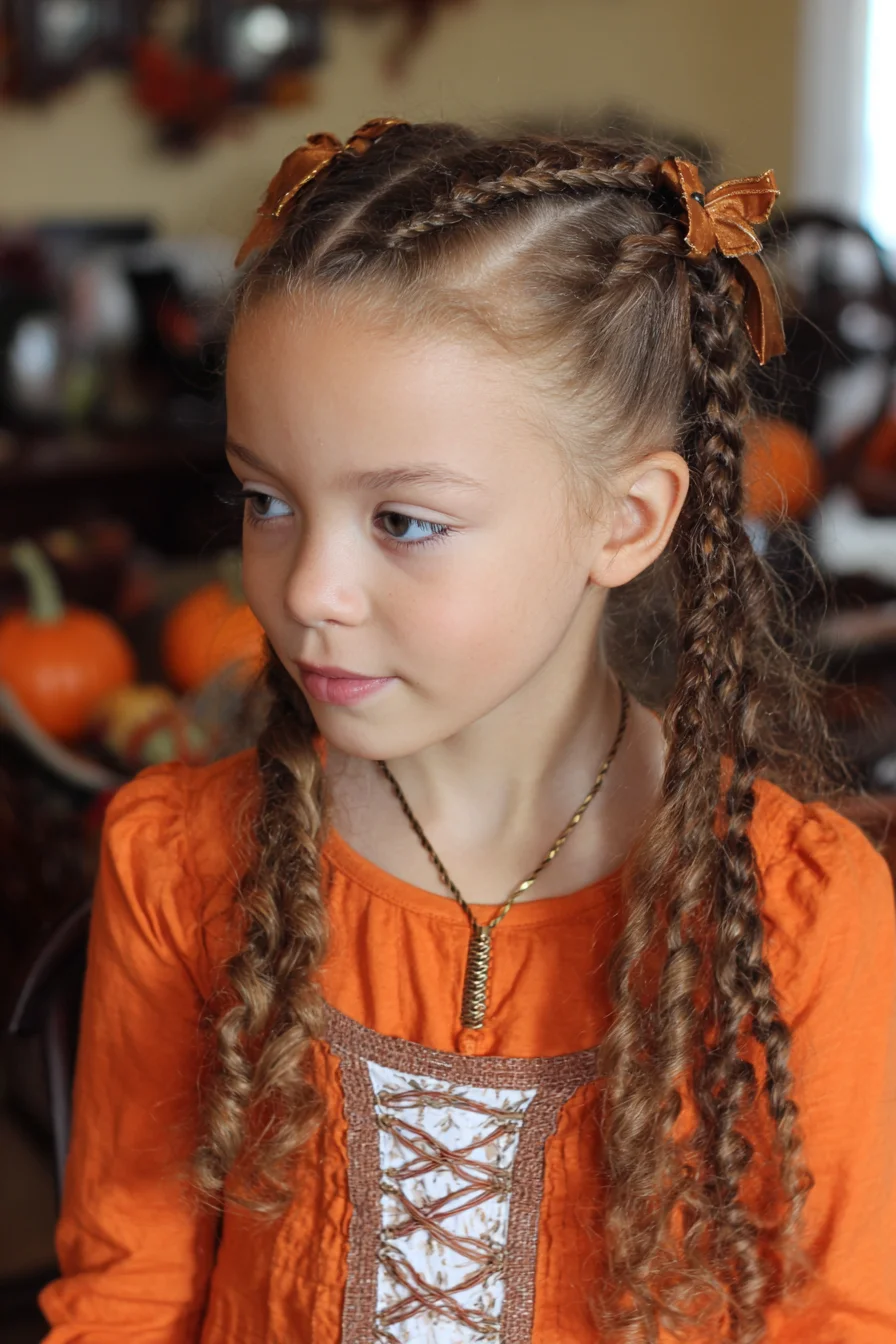 Double Dutch Cornrows with Ribboned Braided Tails for Curly/Wavy Hair