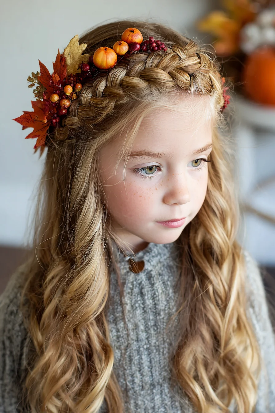 Double Dutch Crown Braid with Loose Waves and Autumn Floral Accent