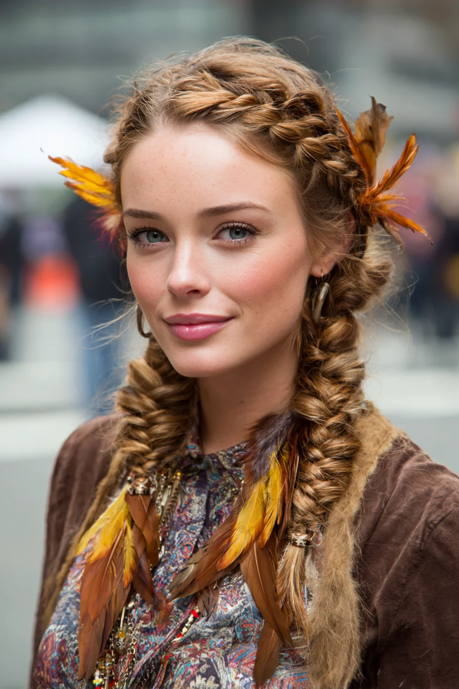 Double Fishtail Braids with Twisted Crown and Feather Accents