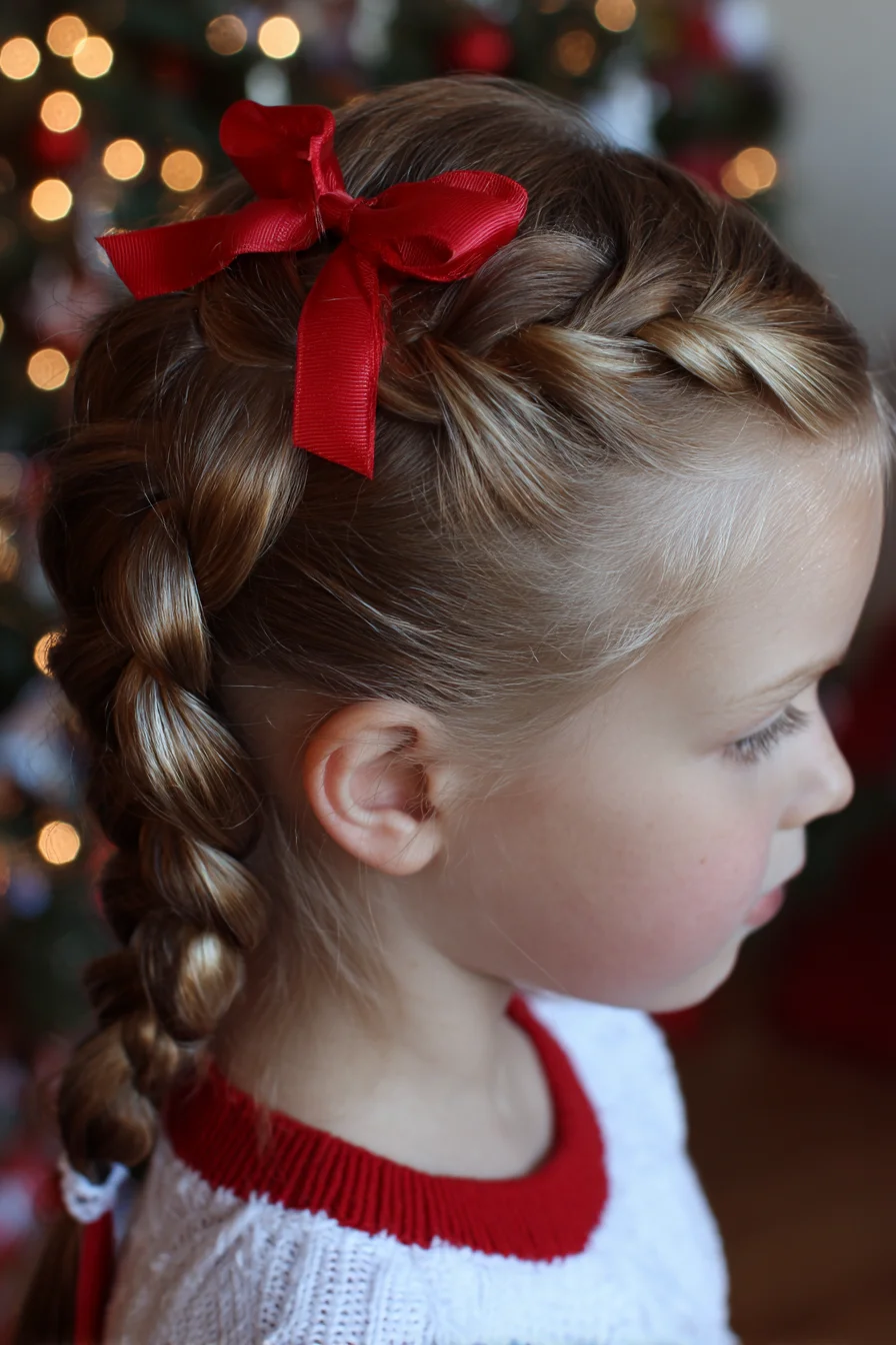 Dutch crown-to-braid with festive ribbon — braided holiday hairstyle
