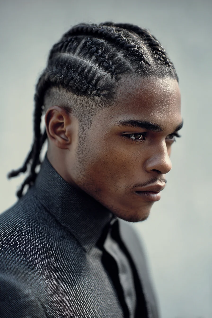 Feed‑In Cornrows with Low Fade and Back Braids