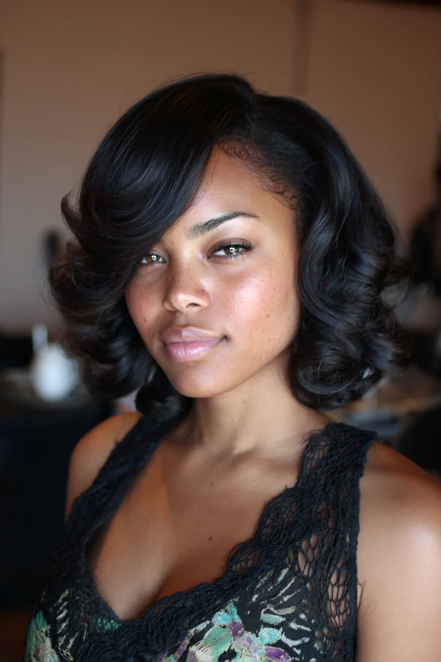 Glossy Bouncy Blowout with Side‑Swept Bangs