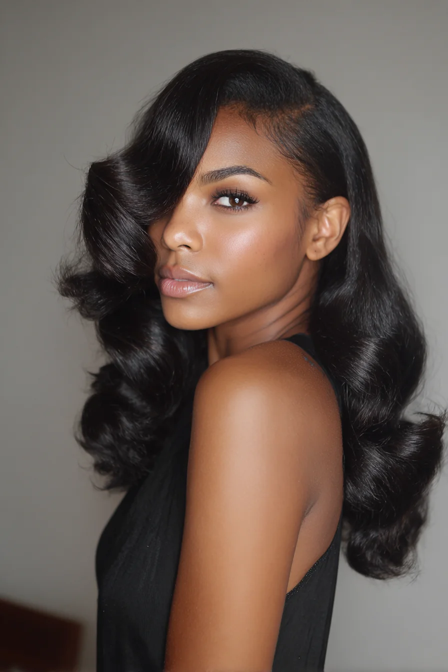 Glossy Retro Side-Part Waves — Voluminous Hollywood-Inspired Style