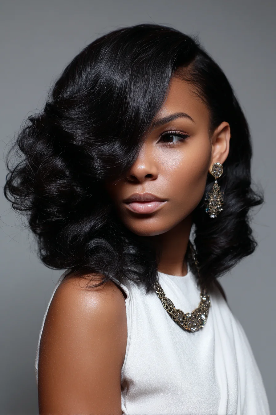 Glossy Side-Parted Voluminous Vintage Waves for Medium-Length Hair
