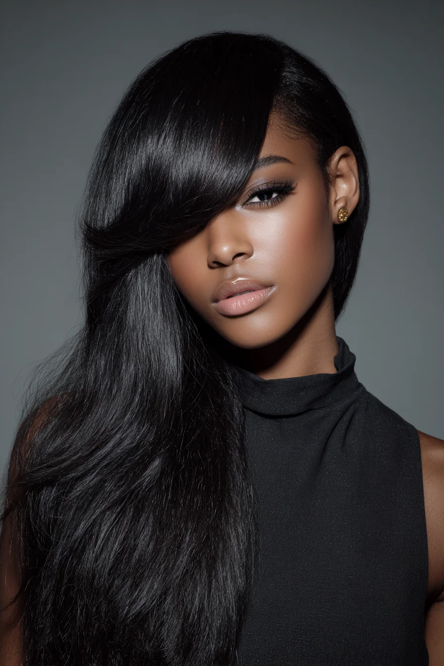Glossy Side-Swept Long Layers with Deep Side Fringe