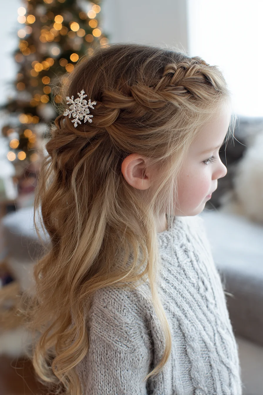 Half‑Up Crown Fishtail Braid with Soft Curls and Snowflake Pin