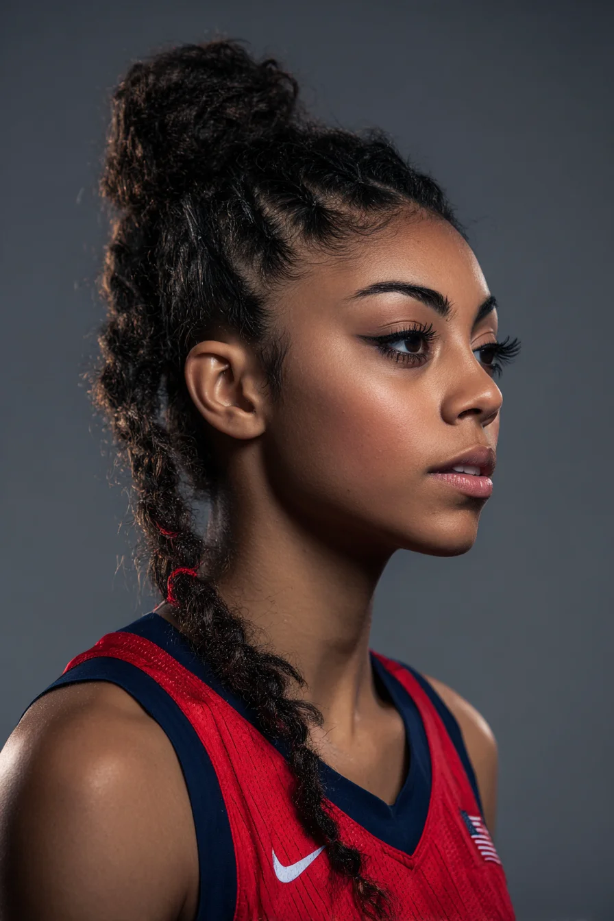 High Cornrow Updo with Long Textured Braid — Protective Athletic Style
