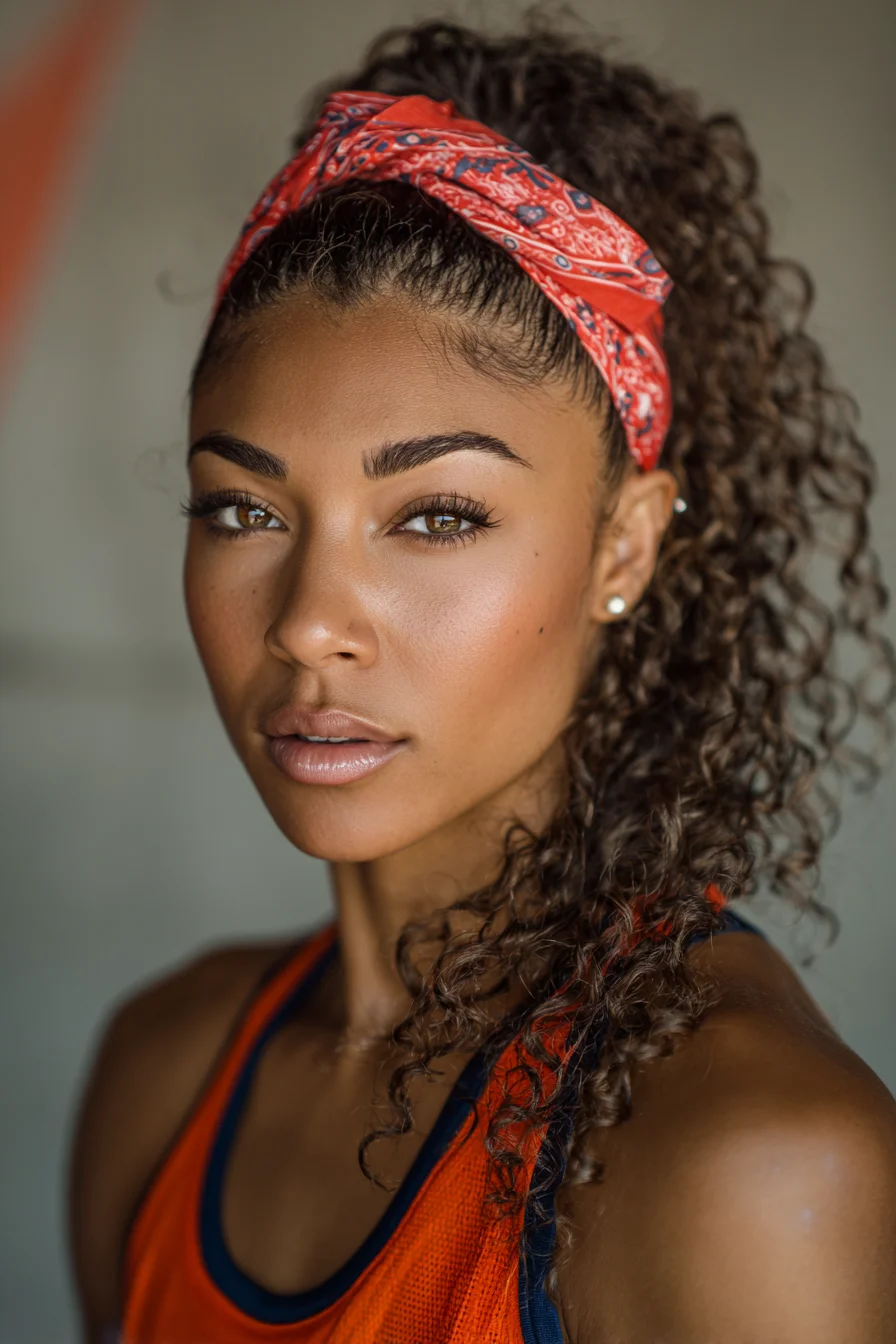 High Curly Ponytail with Bandana — Slicked Edges & Defined Natural Curls