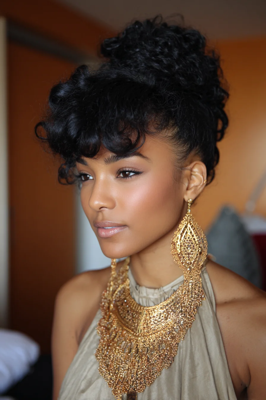 High Textured Curly Updo with Soft Curly Fringe