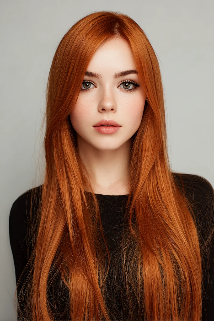Long Copper Straight Hair with Face‑Framing Layers and Center Part
