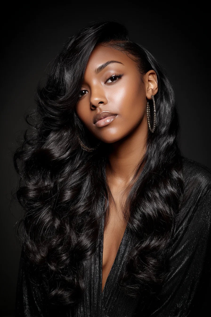 Long Glossy Hollywood Waves with Deep Side Sweep