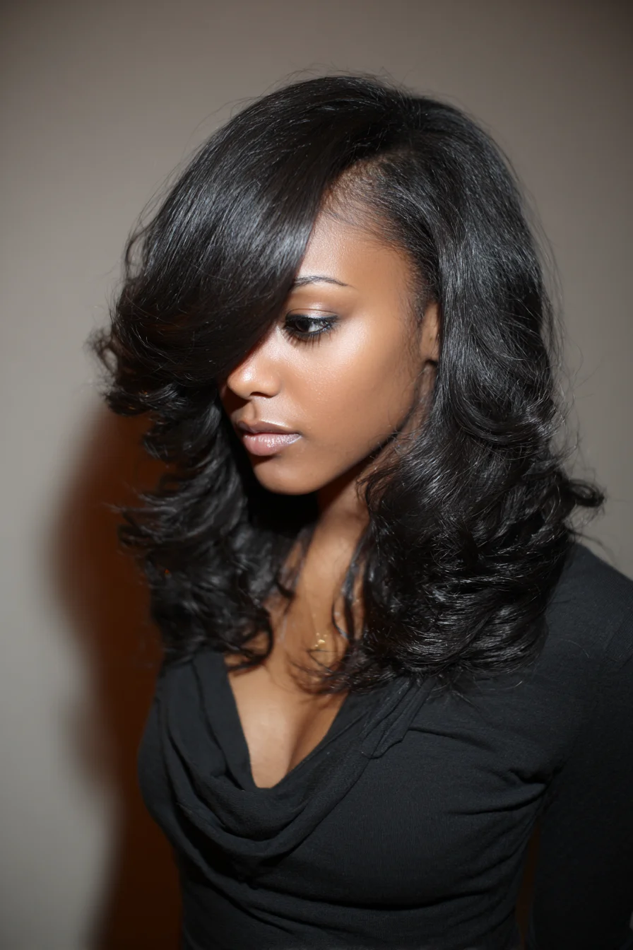 Long Layered Blowout with Deep Side‑Swept Bangs