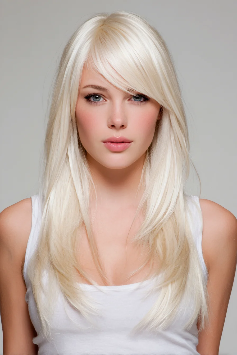 Long Layered Cut with Side-Swept Fringe — Sleek Platinum Blonde