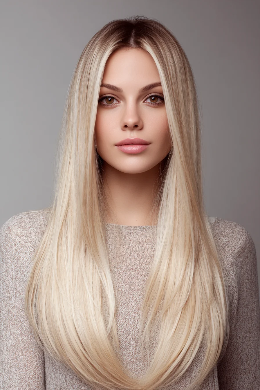 Long Layered Straight Hair with Center Part — Sleek Blonde Styling