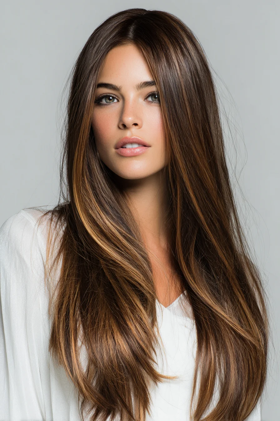 Long Layered Straight Hair with Face‑Framing Balayage Highlights