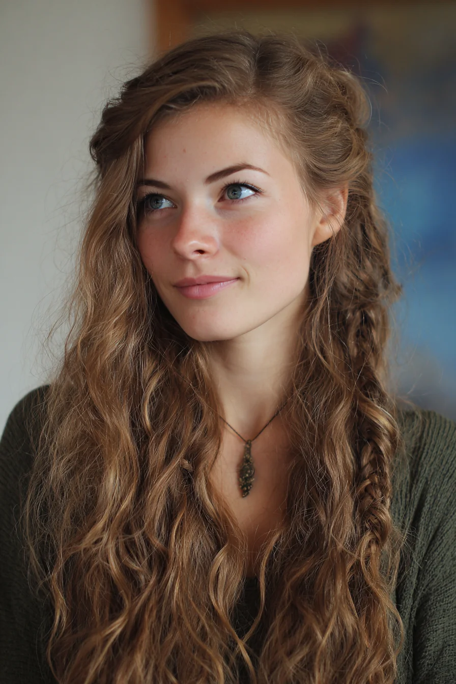 Long Natural Waves with Side Fishtail Accent Braid
